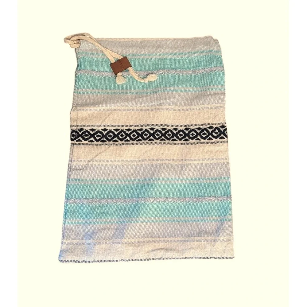 Sand Cloud Woven Drawstring Bag Turquoise Striped Tribal Beach Pouch 17x11